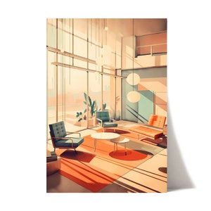 Mid century interior print | Modern interior architecture | mid century modern wall art | Modernism | Mid century poster print