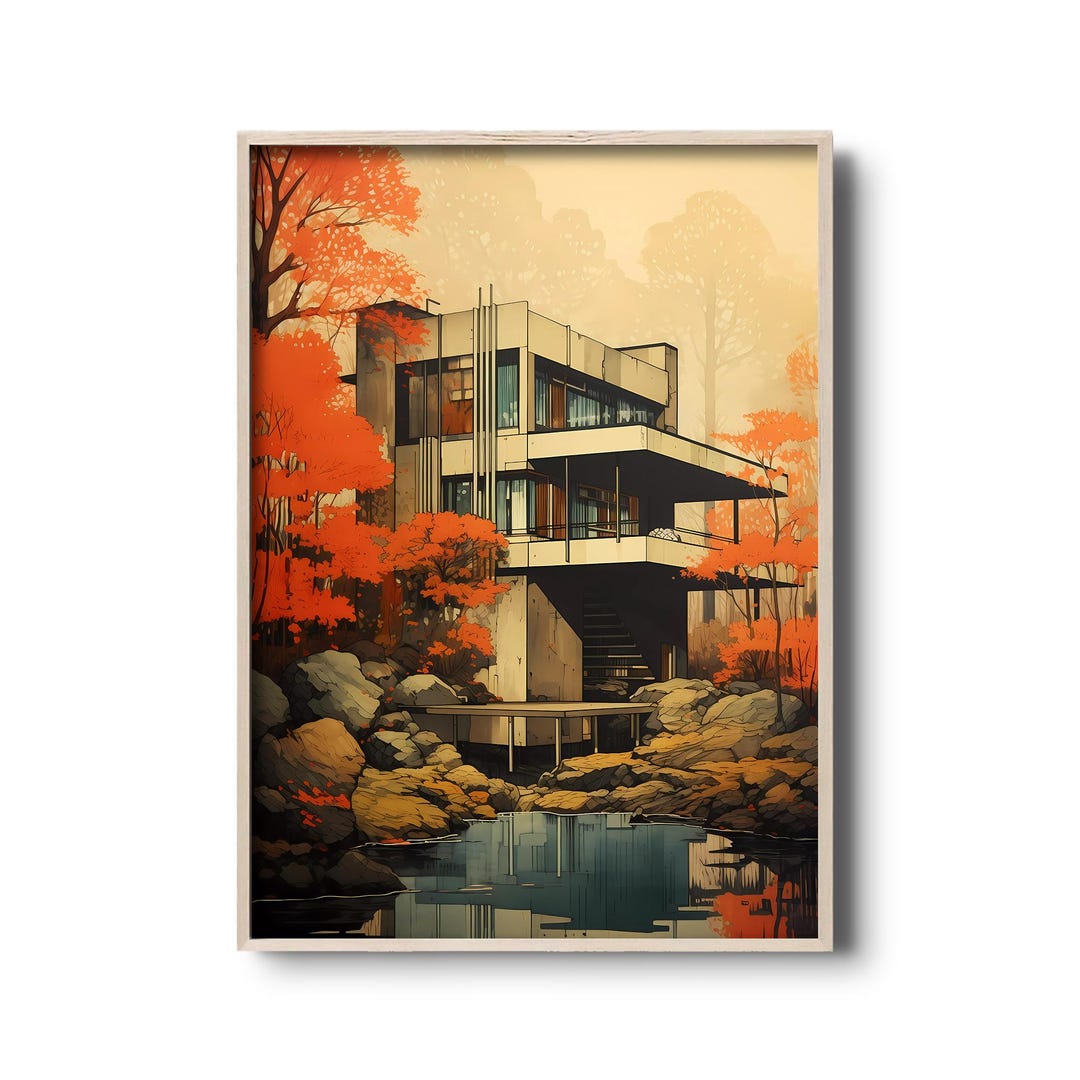 Modern House Architecture Print | Minimalist House in Autumn Landscape ...