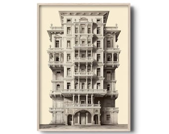 Grafika architektoniczna w stylu vintage | sztuka ścienna z antyczną architekturą | Klasyczna architektura do druku | Klasyczna dekoracja z ilustracją w stylu vintage