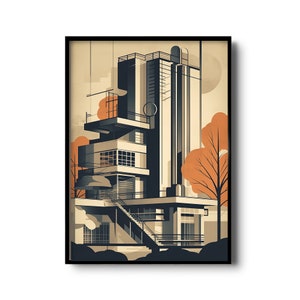 Mid century architecture wall art | Bauhaus architecture print | bauhaus design | modern architecture sketch | architecture drawing art