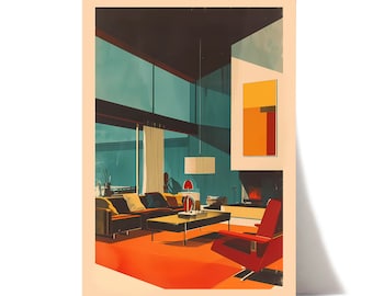 May include: A mid-century modern living room with a large window, a brown leather sofa, a red armchair, a coffee table, and a lamp. The room is decorated in a minimalist style with a bright orange rug.