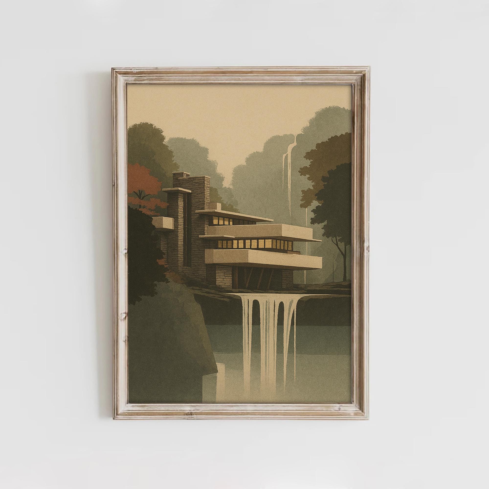 送料込み！フランク・ロイド・ライト　 落水荘 額装　巨大　パネル　ポスター 落水荘プリント V2 | 建築ポスター | フランク・ロイド・ライト邸宅