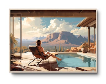 Mid-century modern print | Palm Springs poolside lounge | Desert landscape | California wall art | Palm Springs modern architecture