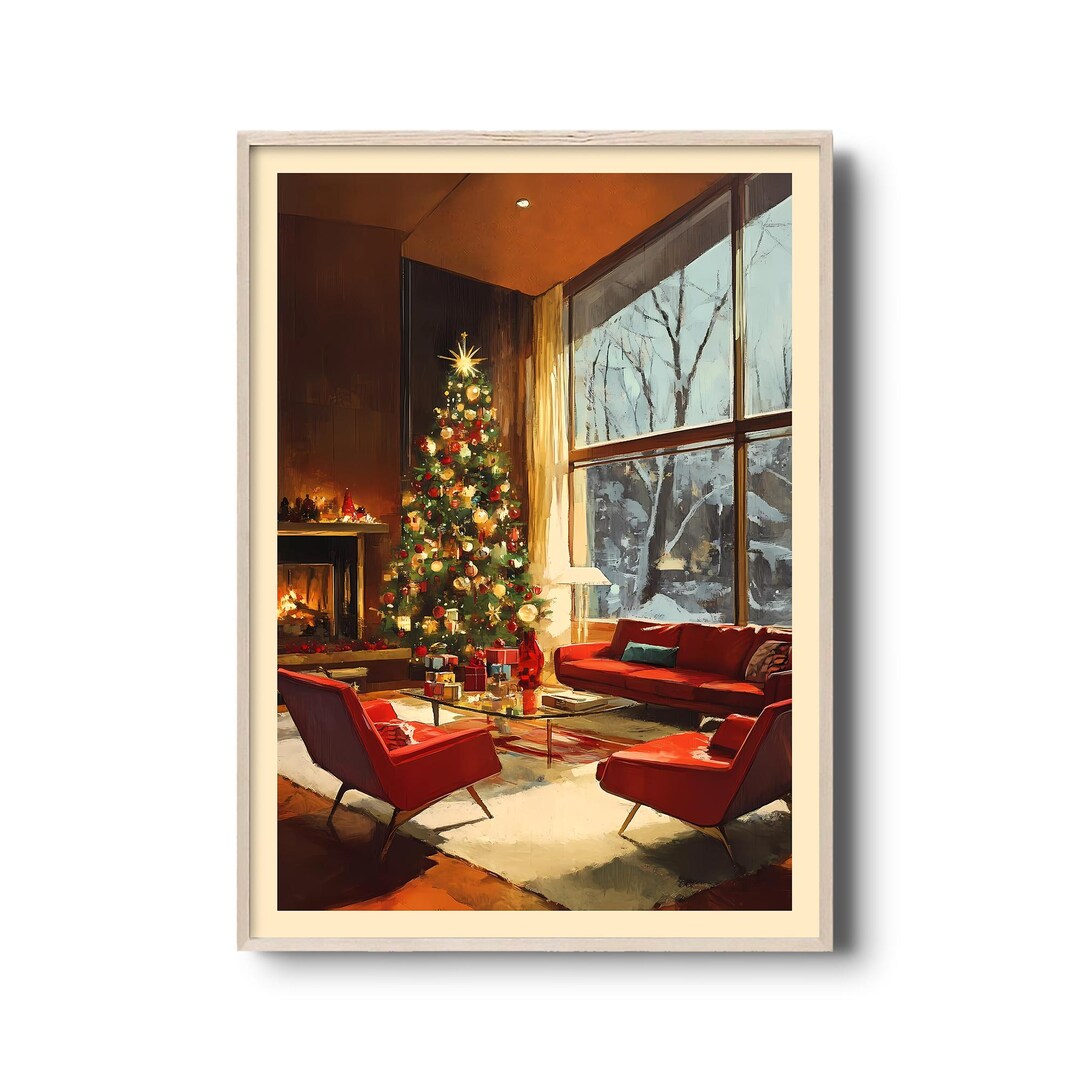 Cozy Mid-century Modern Christmas Print, Festive Holiday With Fireplace ...