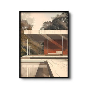 Illustrazione architettonica moderna ispirata a Ludwig Mies van der Rohe / Stampa artistica minimalista / Architettura modernista / Arte murale geometrica