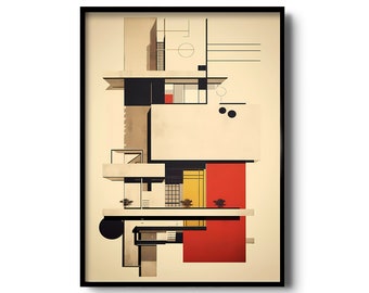 May include: Abstract geometric art print featuring a multi-level building with a red, yellow, and black color scheme. The print has a vintage, minimalist style.