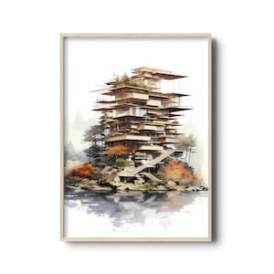 Japanese modern architecture watercolor art | Kengo Kuma architectural contamporary watercolor painting | nature & architecture printable