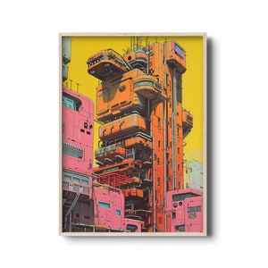 Retro-Futuristic Art Print | Cyberpunk Architecture | Sci-Fi Wall Art | Vintage futuristic illustration | High-Tech City | Future City