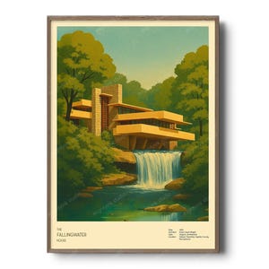 May include: A framed art print of the Fallingwater House, a modernist architectural design. The print features a yellow and brown building with a waterfall and lush green trees. The text "The Fallingwater House" is at the bottom.