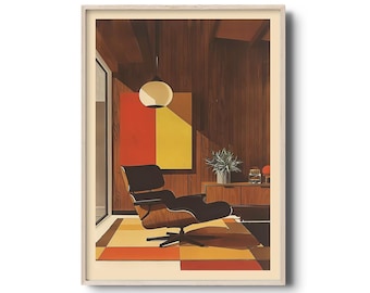 Konsttryck av Eames Lounge Chair | Illustration i modern stil från mitten av århundradet | Väggkonst i vintagemodernism | Poster med modern arkitektur från mitten av århundradet