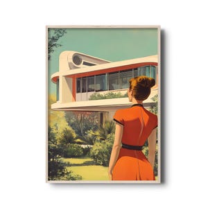 Lámina de arte mural retro futurista: arquitectura moderna de mediados de siglo con mujer vestida de rojo. Decoración vintage para el hogar, inspirada en los años 50.