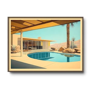 Mid Century Modern Palm Springs House Print - Desert Poolside Architecture Art - Retro Minimalist Illustration - Warm Toned Wall Decor