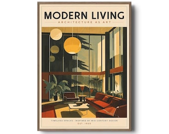 Mid Century Modern Living Room Print, Modern Interior Poster, Retro Architecture Wall Art, Minimalist Home Decor