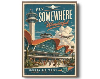 ミッドセンチュリーモダン空港ポスター、レトロな旅行プリント、ヴィンテージ航空会社ウォールアート、ジェットエイジ航空装飾