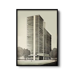 Vintage architecture drawing | Mies Van der Rohe inspired Modern Architecture print | Modernism | Architecture poster | Vintage wall art