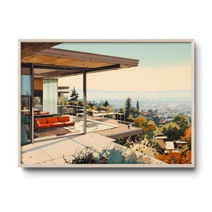 Stampa artistica della casa De Stahl / Architetto Pierre Koenig / Stile moderno razionalista / Arte murale di architettura modernista / Poster di viaggio di Los Angeles
