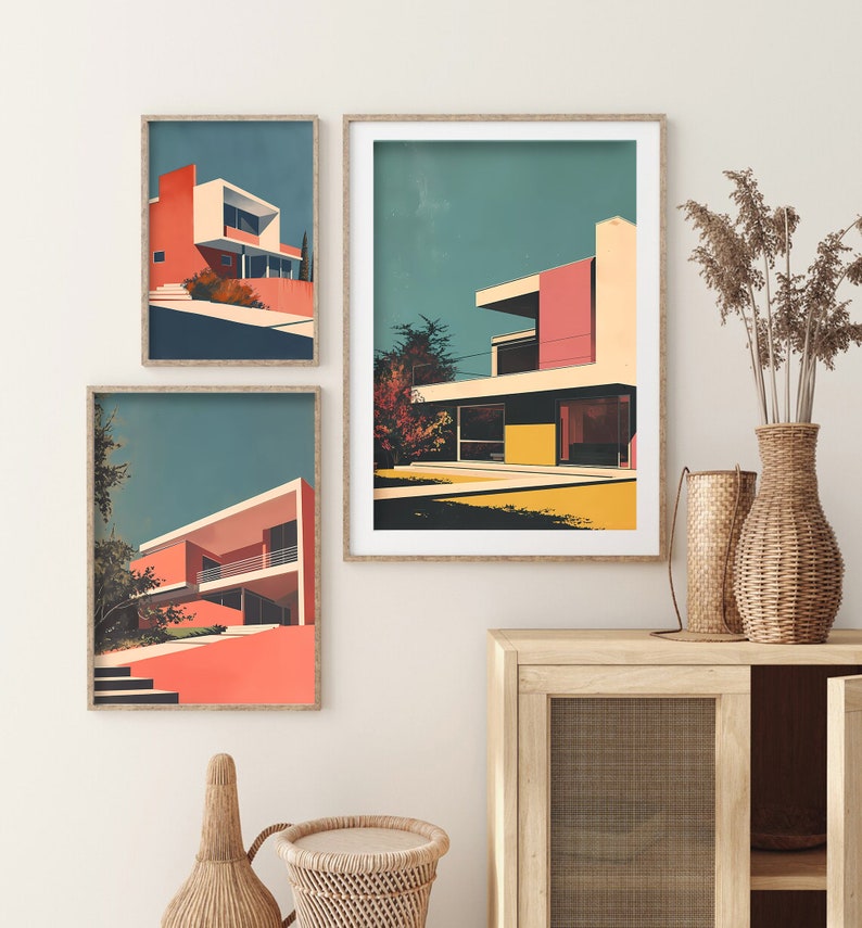 Set of 3 Midcentury Modern Vintage Art Prints Modernist Architecture