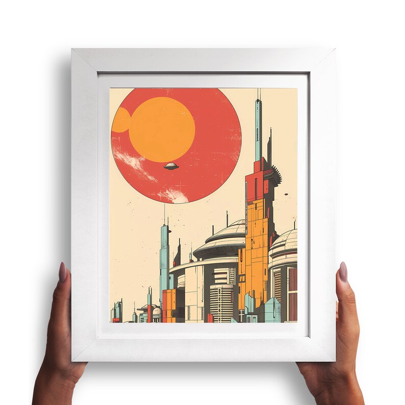May include: A framed print depicting a futuristic cityscape with tall buildings and a large red planet in the background. The city is rendered in a retro style with a vintage colour palette.