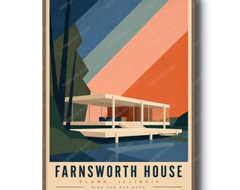 Farnsworth House-affisch, Mies van der Rohe-tryck, Bauhaus-arkitekturväggkonst, modernistisk husillustration