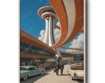 Retro futuristisk rymdhamnstavtryck, atomålderns flygplatsaffisch, science fiction-arkitekturväggkonst från 1950-talet