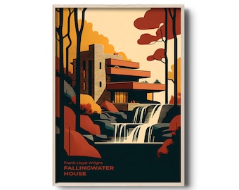 Retro wall art | Architecture poster | Falling water House | Architect Frank Llyod Wright | Mid-century Modern Architecture print