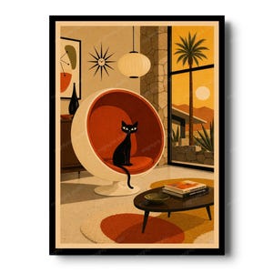 May include: Illustration of a black cat in a red and white egg chair, set in a mid-century modern living room. The print includes a palm tree, sun, and a coffee table, evoking a retro aesthetic.