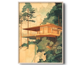 Modern Forest Cabin House Print – Mid Century Mountain