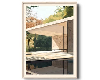 Modern arkitektonisk konsttryck - Illustration av Barcelonas paviljong, minimalistisk heminredning från mitten av århundradet, arkitekturposter | Mies van der Rohe