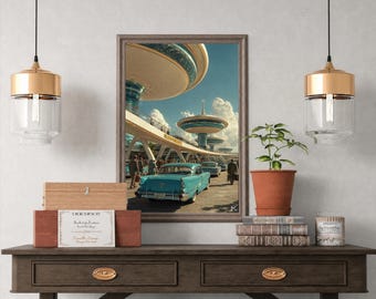 Retro Optimistic Futurist Airport Print, Atomic Age Spaceport Wall