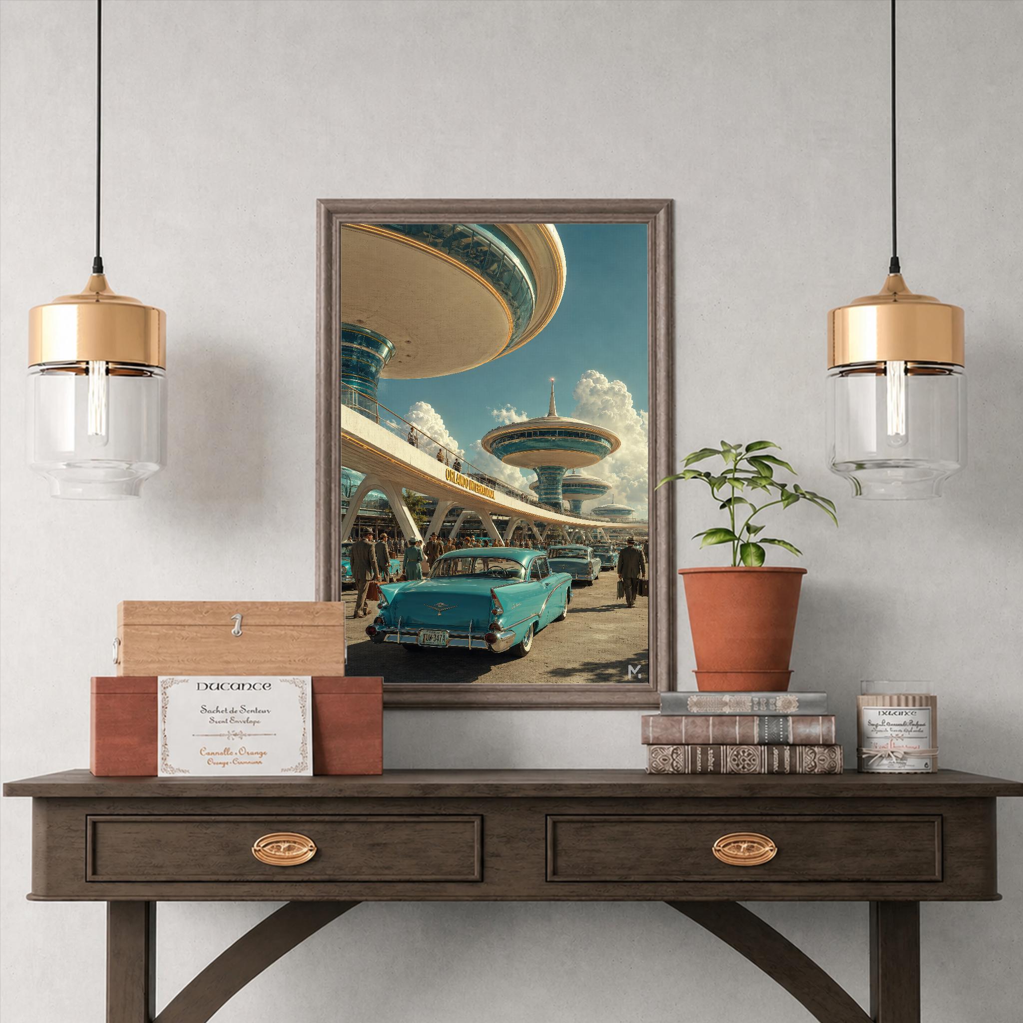 Retro Optimistic Futurist Airport Print, Atomic Age Spaceport Wall