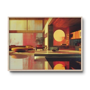 Può includere: Una stampa artistica astratta di un interno moderno con una calda tavolozza di colori. L'opera presenta un soggiorno con un grande design circolare, un divano e una sedia. La stampa è incorniciata in una cornice di legno chiaro.