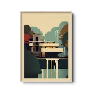 Stampa Fallingwater / Poster di architettura / Fallingwater House Frank Lloyd Wright / stampa di architettura moderna / poster di metà secolo