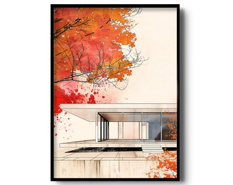 Minimalist House Wall Art | Mies Van der Rohe | Modern Architecture | Minimal Illustration Art print | Architectural Sketch Art | Minimalism
