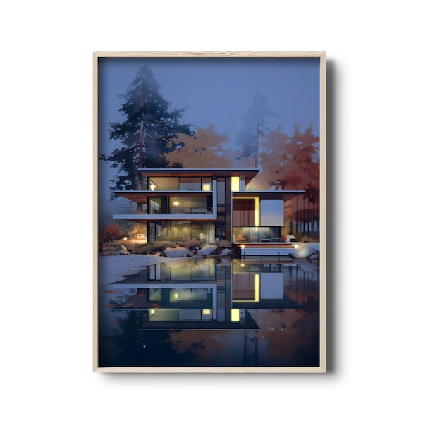 Lakehouse night scene wall art | Modern architecture villa night view | Mountain Lake reflection Print | Modernist Lodge Mountain Retreat