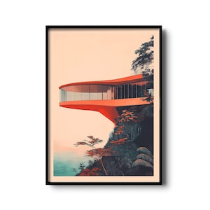 Mid-Century Modern Wall Art Print, futuristisches Cliffside House Design in Retro-Farben, Chemosphäre inspiriert, minimalistische Architekturkunst