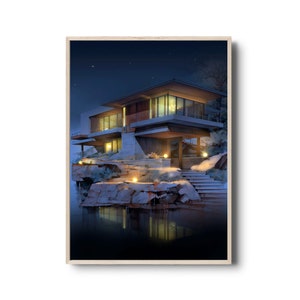 Modern villa print | Mystery art | House at night with lighting | Modernism | Mid-century modern architecture | Dark wall art | Lakehouse