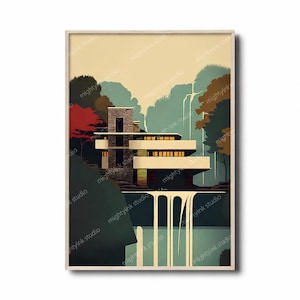 Könnte beinhalten: Ein gerahmter Kunstdruck mit einer architektonischen Illustration eines modernen Hauses mit Wasserfall. Das Kunstwerk zeigt einen beigen Himmel, grüne und rote Bäume und ein Gebäude mit horizontalen Linien. Der Druck ist in einem Holzrahmen.