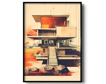 Arte de pared de mediados de siglo / Impresión de arquitectura moderna / Cartel de arquitectura retro / Ilustración de mediados de siglo / Arte de pared vintage / Impresión vintage