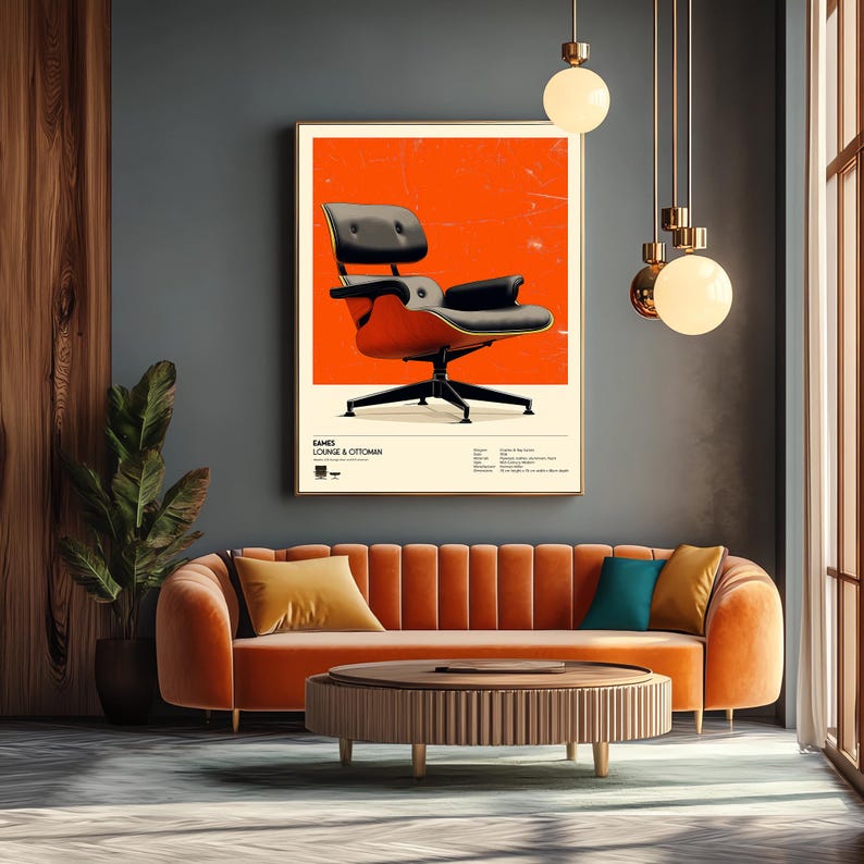 May include: An orange mid-century modern sofa with a round wooden coffee table and a framed poster of an Eames Lounge Chair. The poster has a red background and the chair is black and orange. Decorative pendant lights hang from the ceiling.