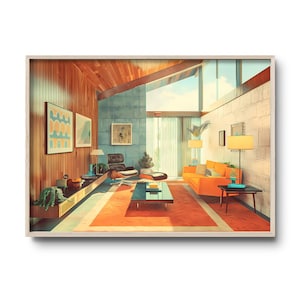 May include: A mid-century modern living room with wood panelling, a large window, and a bright orange sofa. The room is decorated with plants, lamps, and a coffee table.