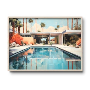 Moderno di metà secolo / Arte murale di Palm Springs / Olio su tela / Arte della piscina retrò / Architettura moderna della California / Casa nel deserto di Palm Springs