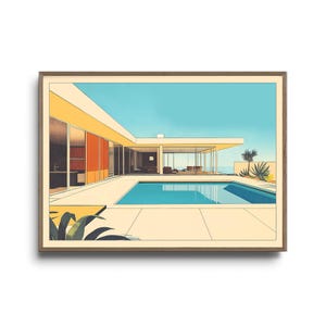 Mid-Century Modern Coastal House Print – Retro California Poolside Architecture Wall Art, Minimalist Pierre Koenig Inspired Design