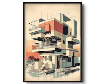 Architecture sketch wall art | Modern architecture print | Mid century architect drawing | modernist architecture | Modern wall decor