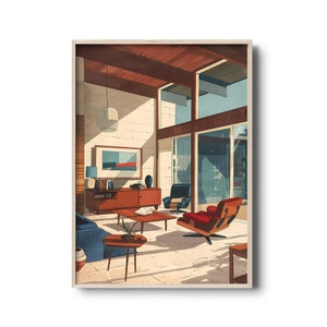 Illustrazione di un salotto moderno di metà secolo / Architettura modernista vintage / Stampa artistica di interni retrò / Arte della parete del modernismo degli interni americani