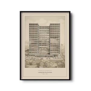 Vintage architecture illustration | Modern architecture drawing | Mies Van der Rohe | Modernist architectural drawing | Architecture poster