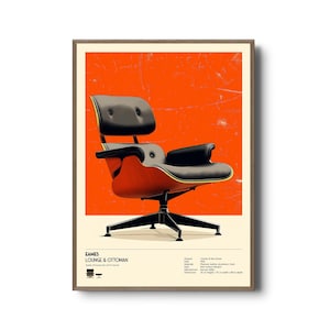 Impresión de sillón Eames - Póster moderno de mediados de siglo - Arte icónico de muebles - Decoración de pared de diseño retro - Ilustración de Charles y Ray Eames