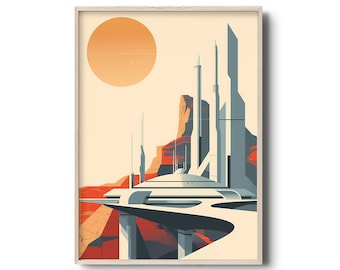 Pode incluir: Uma ilustração digital de uma cidade futurista com edifícios altos e um grande sol redondo no fundo. A cidade é construída em uma paisagem rochosa e vermelha.