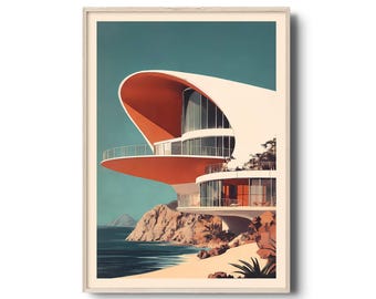 Retro Futuristic Beach House Print - Mid-Century Modern Inspired Art Poster - Ocean View Architecture, Minimalist Wall Art, Coastal Decor