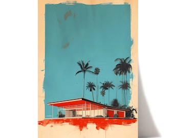 Vintage Palm Springs-kunstdruk | Californische esthetiek | Middeleeuws modern | Palm Springs Minimalistische illustratie | Moderne architectuur