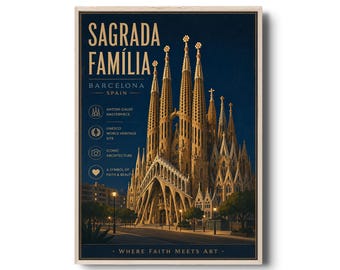 Sagrada Familia natttryck, Barcelona arkitekturposter, Gaudí-katedralens väggkonst